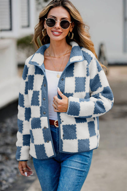 Checkered Snap Down Long Sleeve Teddy Jacket-Angel Casuals