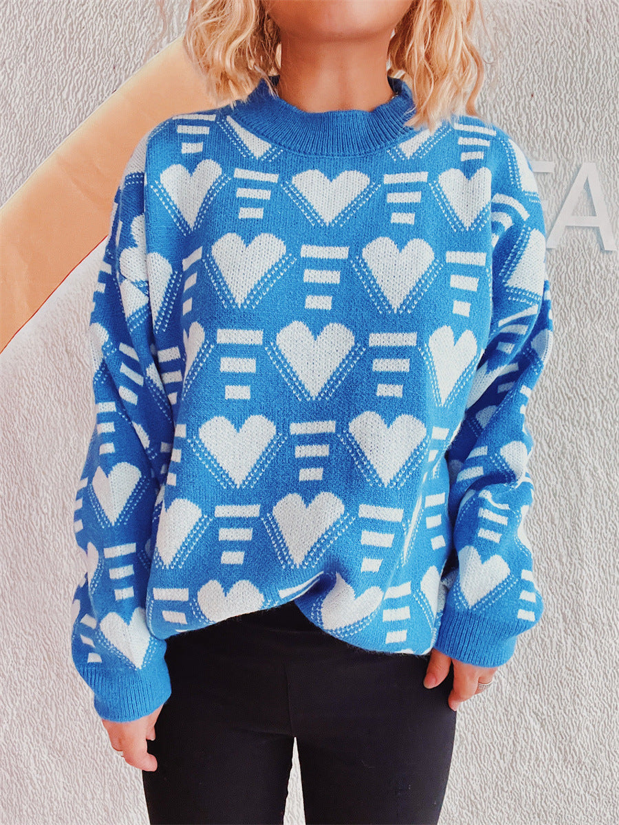 Heart Contrast Long Sleeve Dropped Shoulder Sweater-Angel Casuals