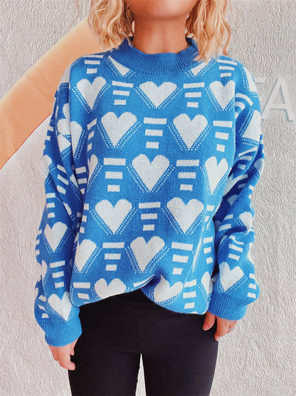 Heart Contrast Long Sleeve Dropped Shoulder Sweater-Angel Casuals