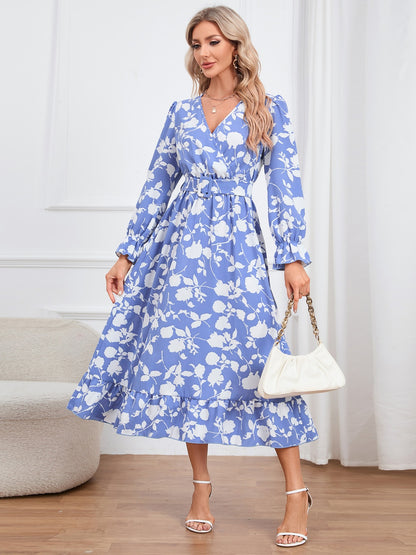 Floral Surplice Flounce Sleeve Ruffle Hem Dress-Angel Casuals