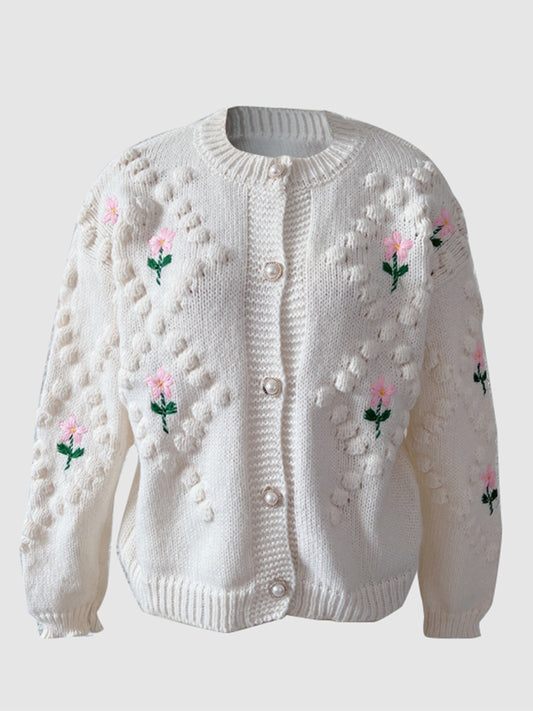 Floral Button Up Round Neck Long Sleeve Cardigan-Angel Casuals
