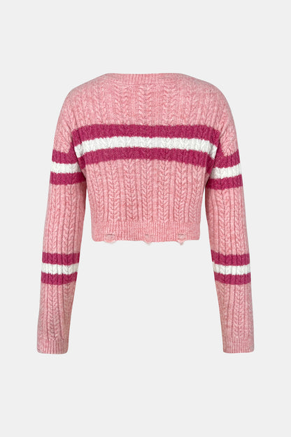 Cable-Knit Striped Dropped Shoulder Sweater-Angel Casuals