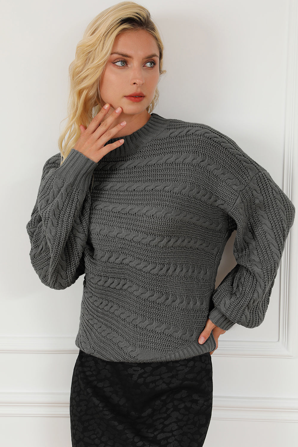 Cable-Knit Mock Neck Dropped Shoulder Sweater-Angel Casuals