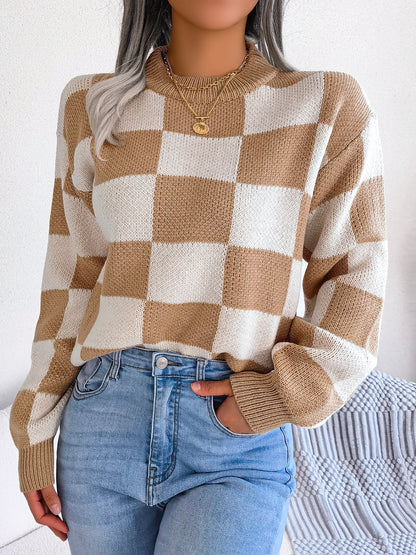 Checkered Mock Neck Long Sleeve Sweater-Angel Casuals