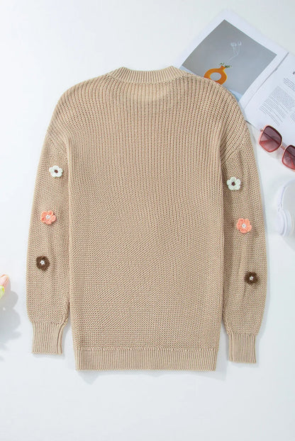 Flower Round Neck Long Sleeve Sweater-Angel Casuals