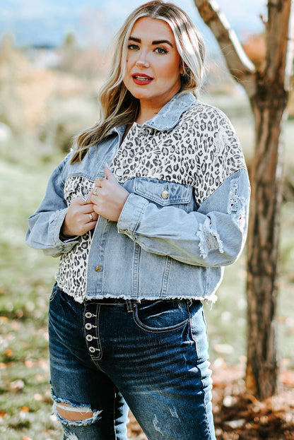 Plus Size Leopard Raw Hem Distressed Spliced Denim Jacket-Angel Casuals