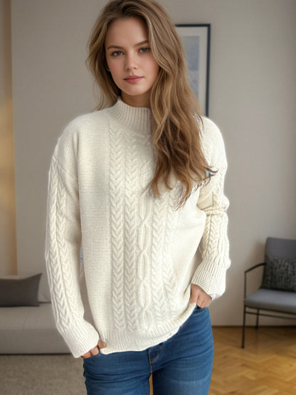 Cable-Knit Mock Neck Dropped Shoulder Sweater-Angel Casuals