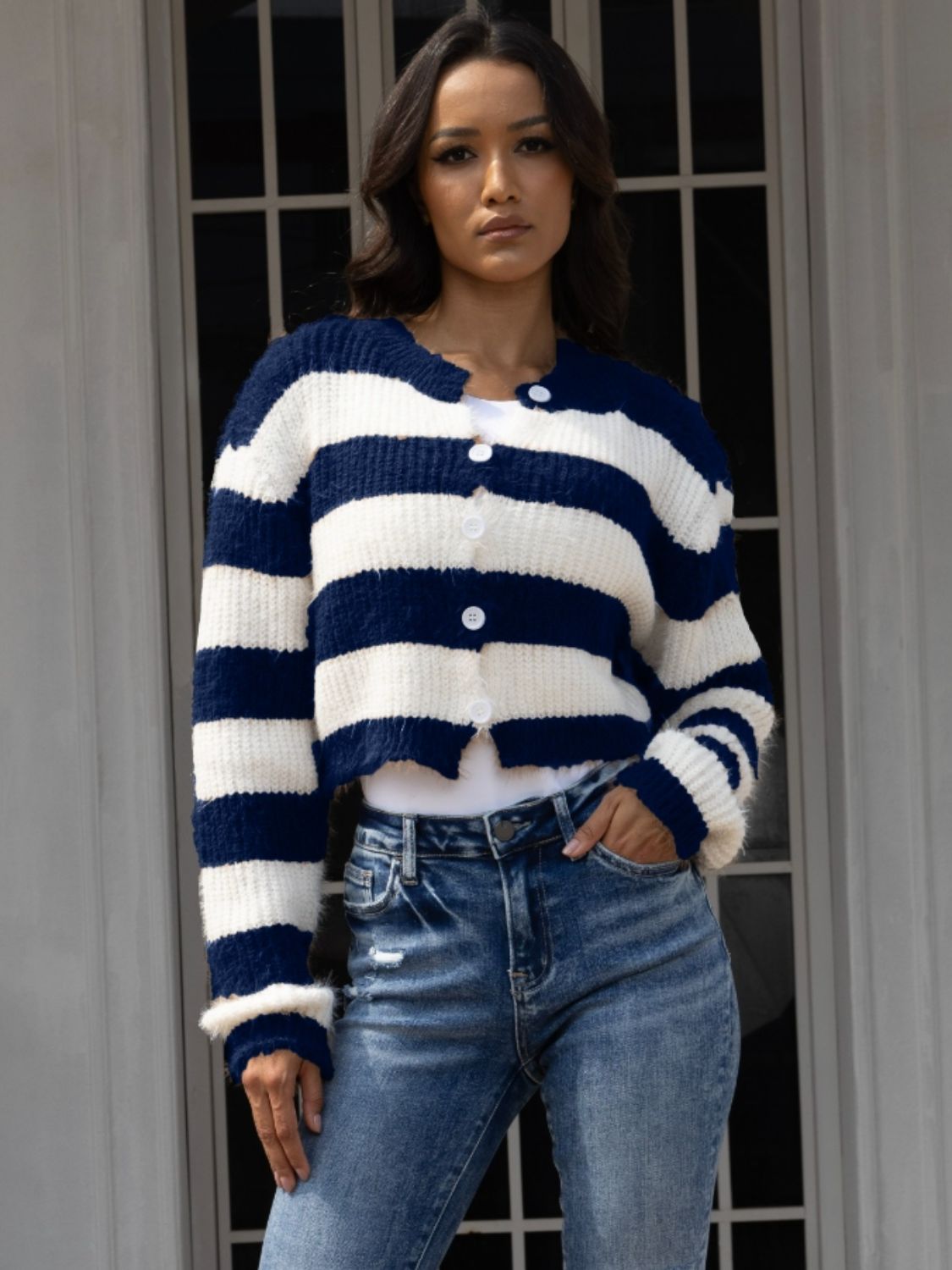 Striped Button Up Dropped Shoulder Cardigan-Angel Casuals