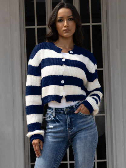 Striped Button Up Dropped Shoulder Cardigan-Angel Casuals