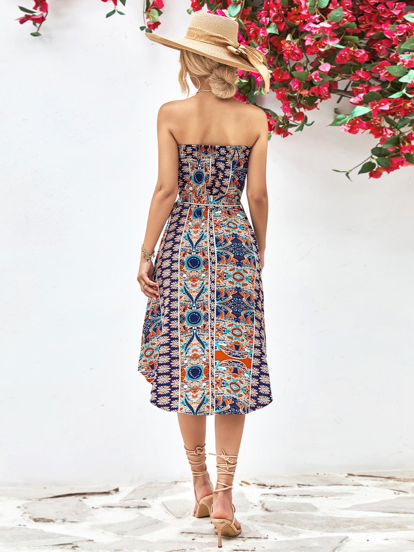 Printed Strapless Tie Belt Dress-Angel Casuals