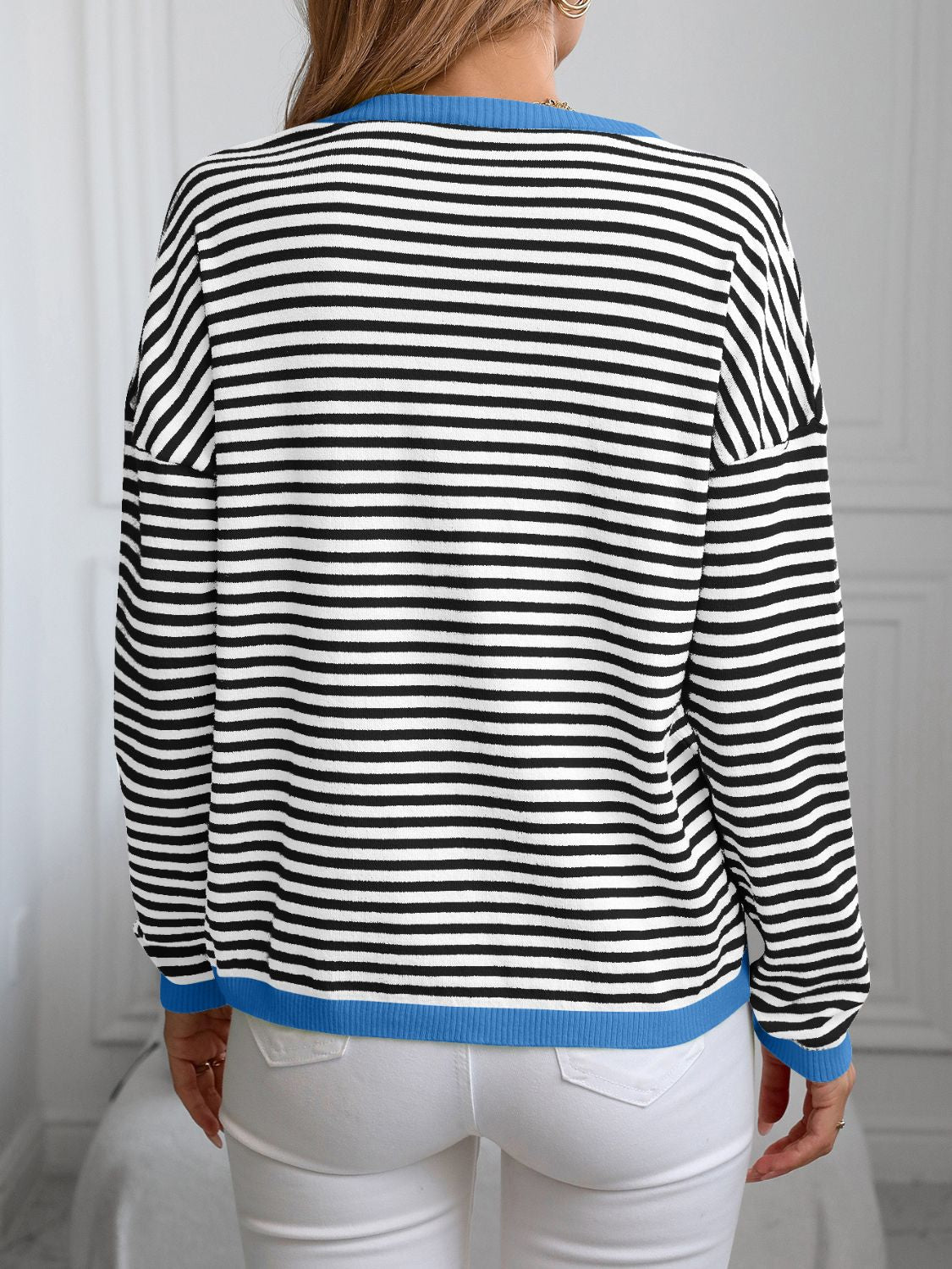 Contrast Trim Striped V-Neck Long Sleeve Knit Top-Angel Casuals