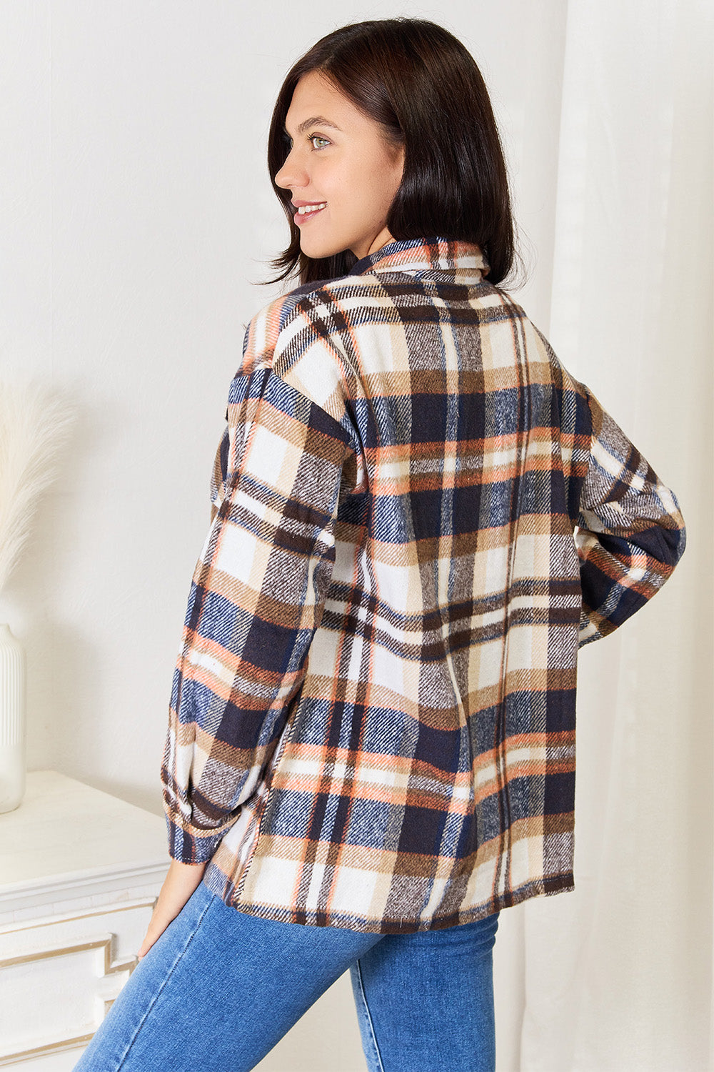 Double Take Plaid Button Front Shirt Jacket with Breast Pockets-Angel Casuals