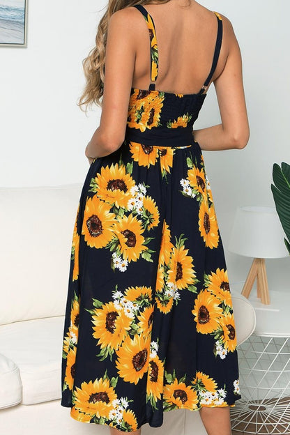 Smocked Sunflower Printed Sleeveless Cami Dress-Angel Casuals