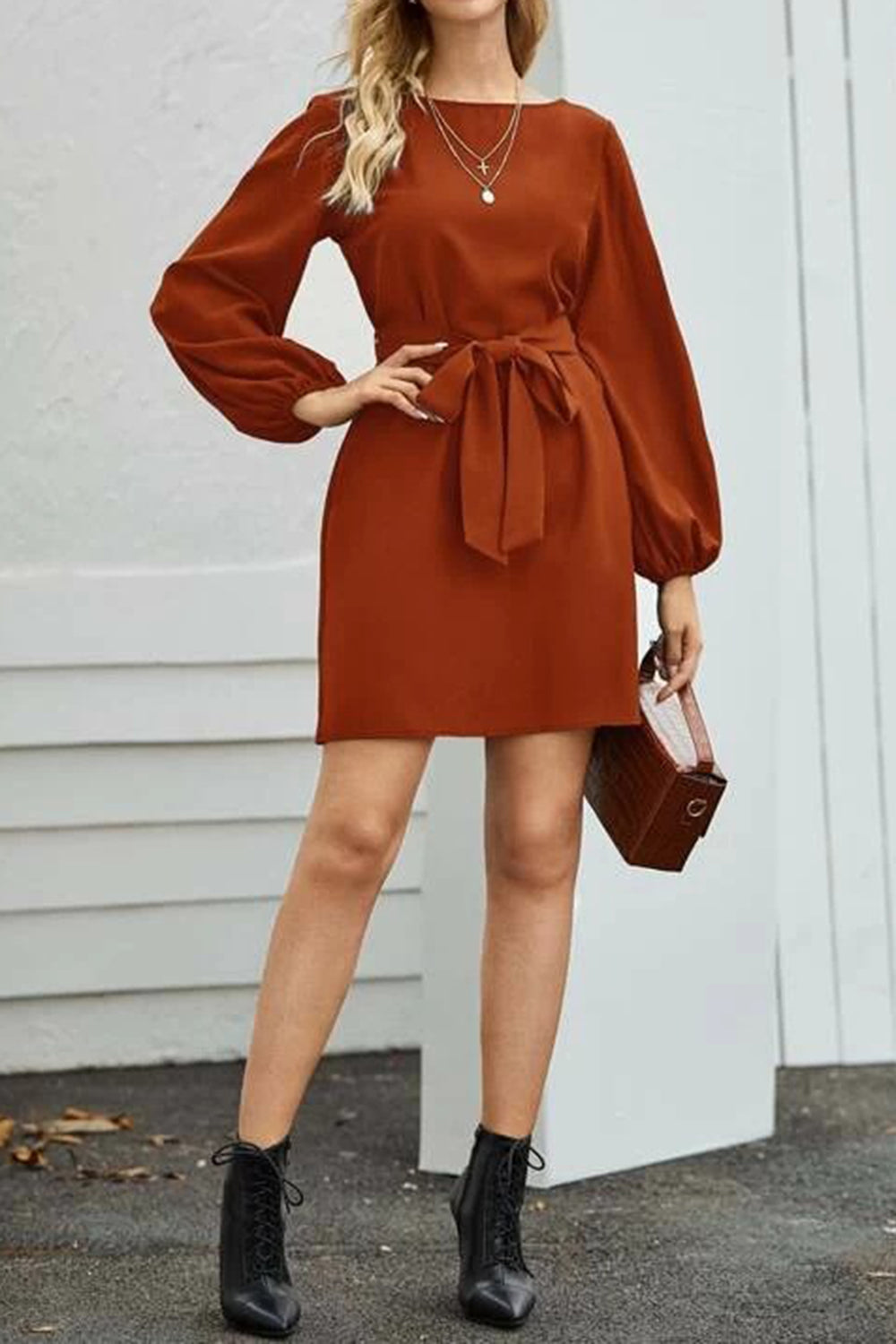 Tied Boat Neck Balloon Sleeve Mini Dress-Angel Casuals