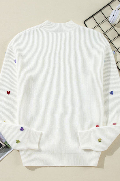 Heart Sequin Round Neck Long Sleeve Sweater-Angel Casuals