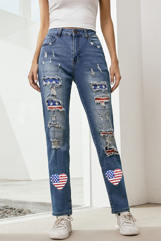 US Flag Distressed Straight Jeans-Angel Casuals