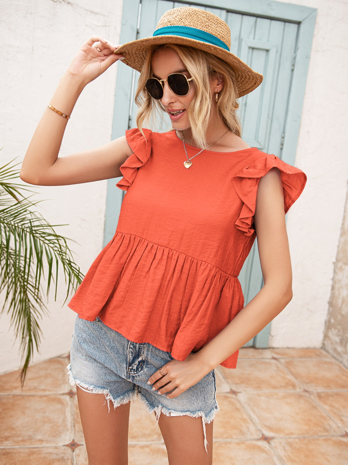 Lace Detail Round Neck Peplum T-Shirt-Angel Casuals