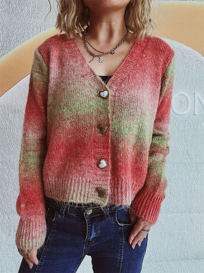 Gradient Heart Shape Button V-Neck Cardigan-Angel Casuals