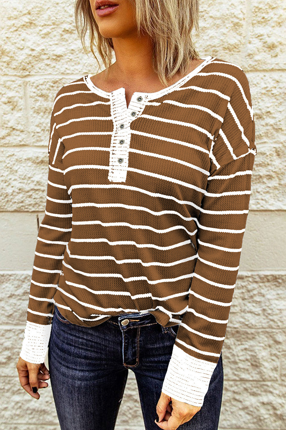 Striped Waffle Knit Henley Long Sleeve Top-Angel Casuals