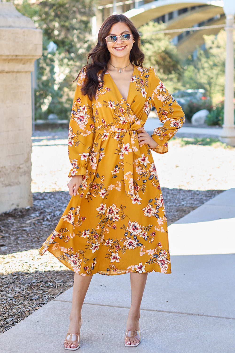 Double Take Full Size Floral Tie Back Flounce Sleeve Dress-Angel Casuals