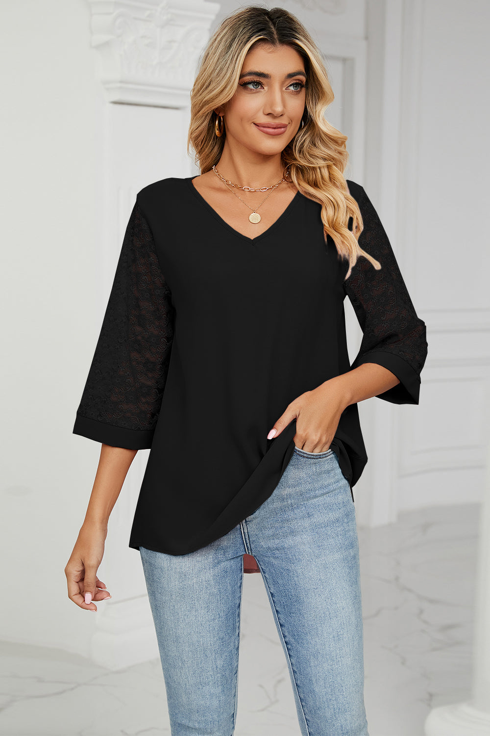 V-Neck Three-Quarter Sleeve Top-Angel Casuals