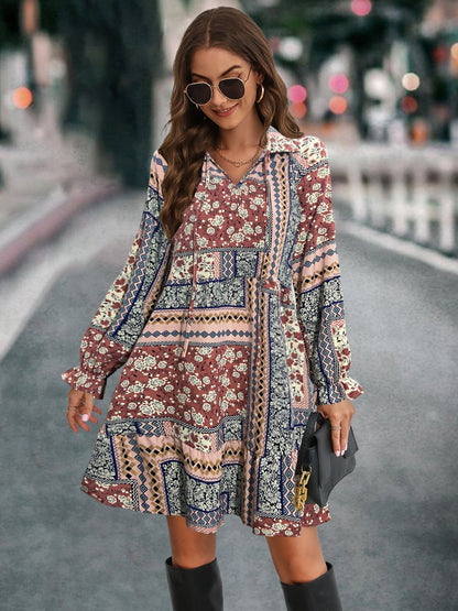 Printed Tie Front Flounce Sleeve Dress-Angel Casuals