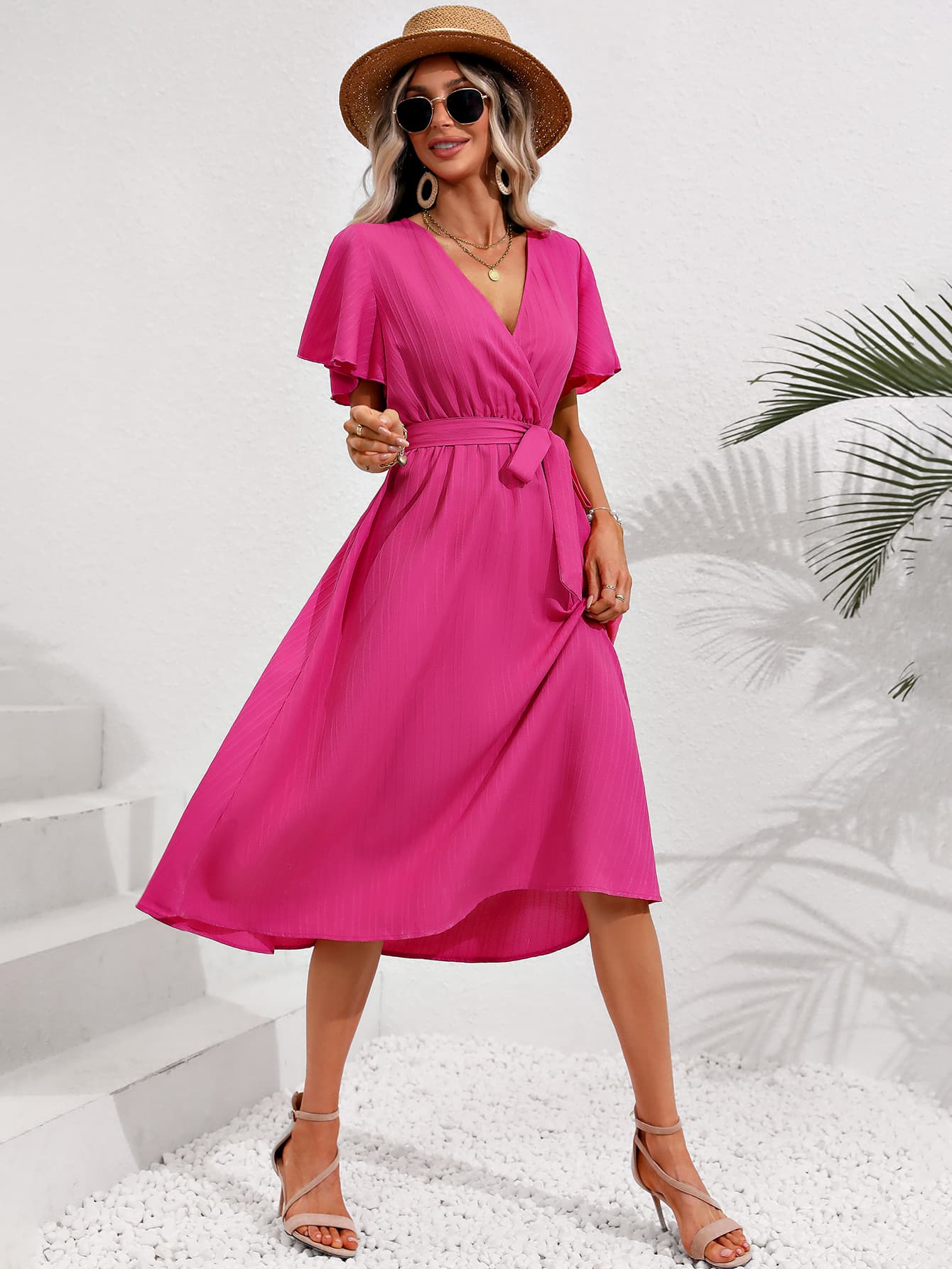 Surplice Neck Tie Belt Midi Dress-Angel Casuals