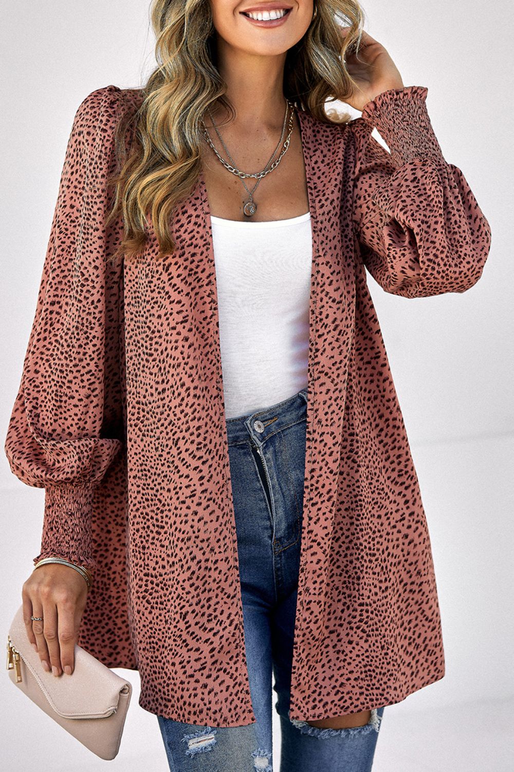 Leopard Print Balloon Sleeve Cardigan-Angel Casuals