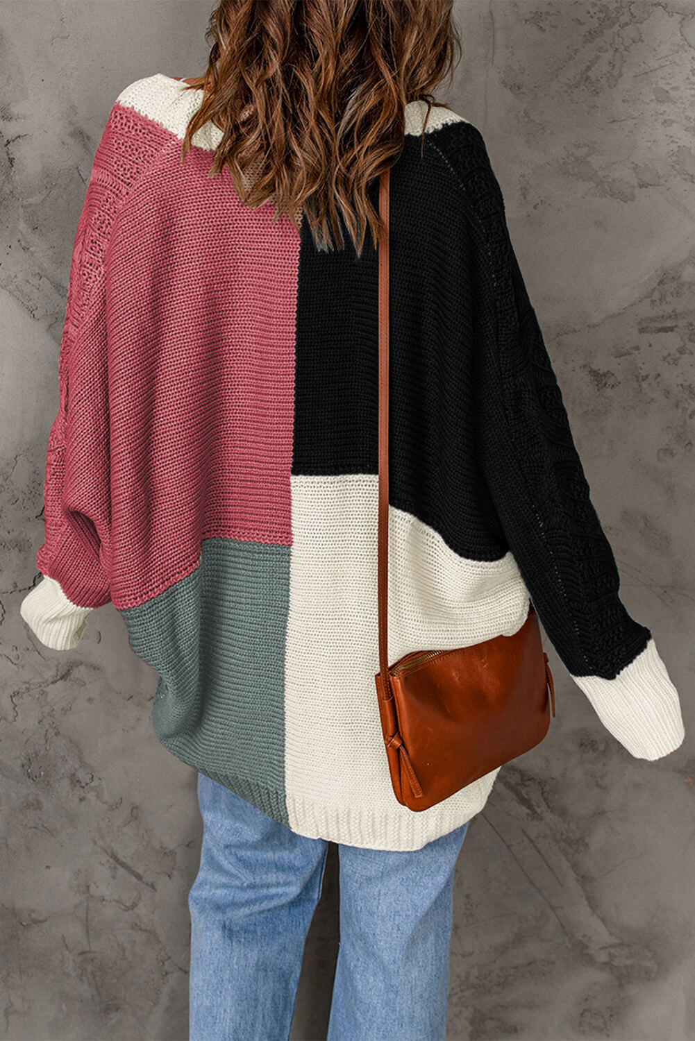 Woven Right Color Block Cable-Knit Batwing Sleeve Cardigan-Angel Casuals