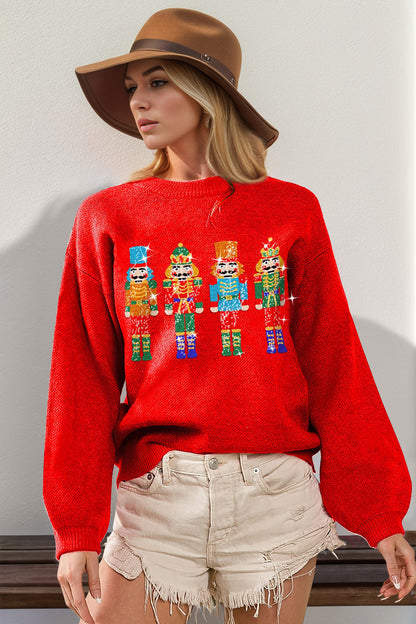 Double Take Full Size Sequin Nutcracker Long Sleeve Sweater-Angel Casuals