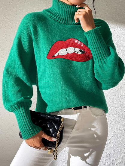 Lip Turtleneck Long Sleeve Sweater-Angel Casuals