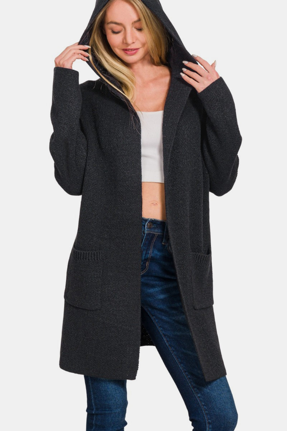 Zenana Hooded Open Front Sweater Cardigan-Angel Casuals