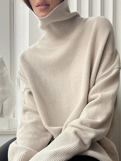 Ribbed Detail Turtleneck Dropped Shoulder Sweater-Angel Casuals