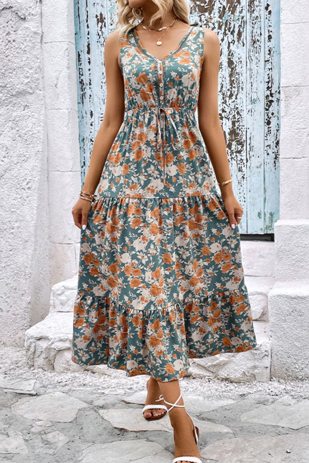 Floral V-Neck Tiered Sleeveless Dress-Angel Casuals