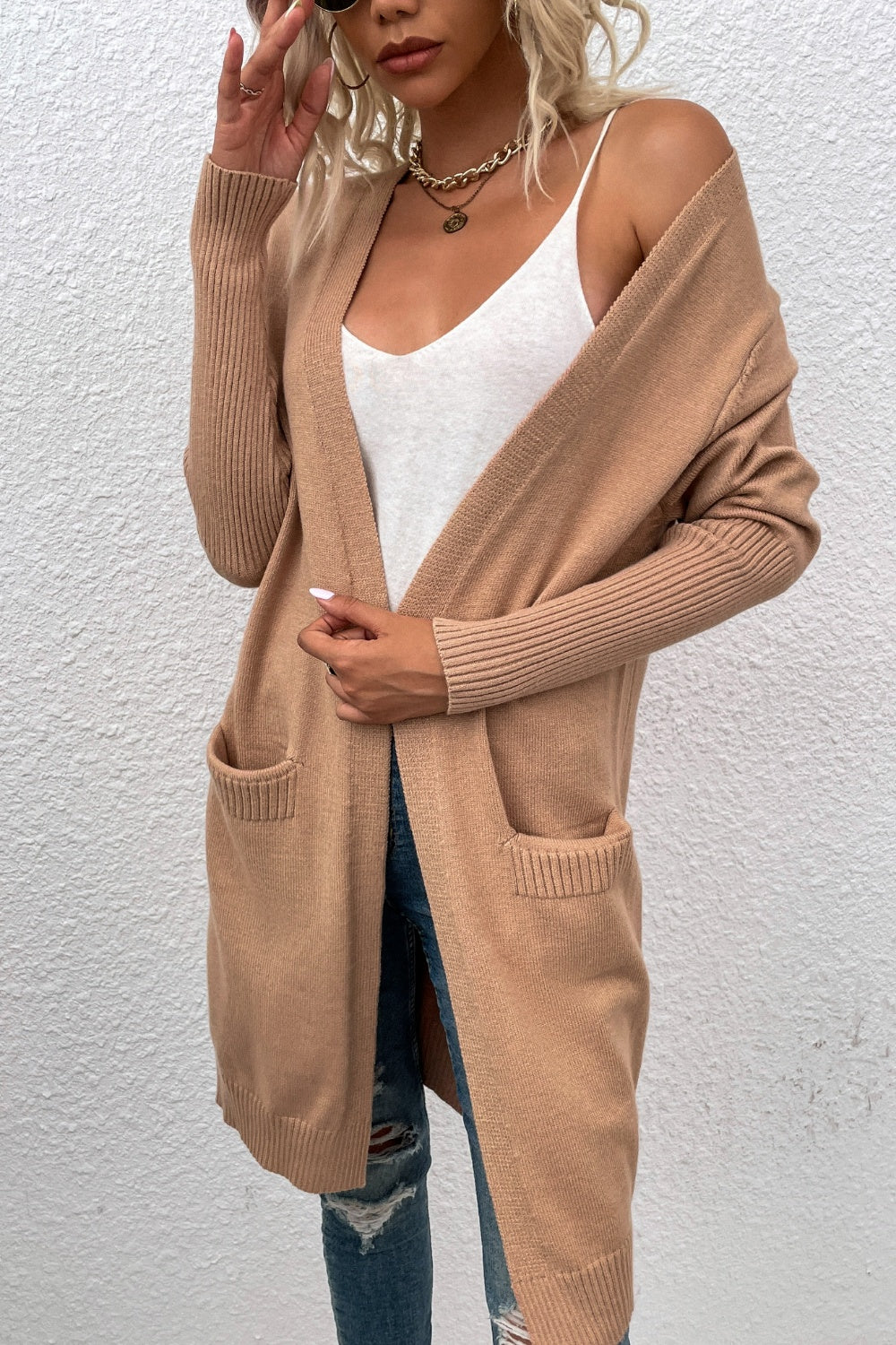 Open Front Long Sleeve Cardigan with Pockets-Angel Casuals