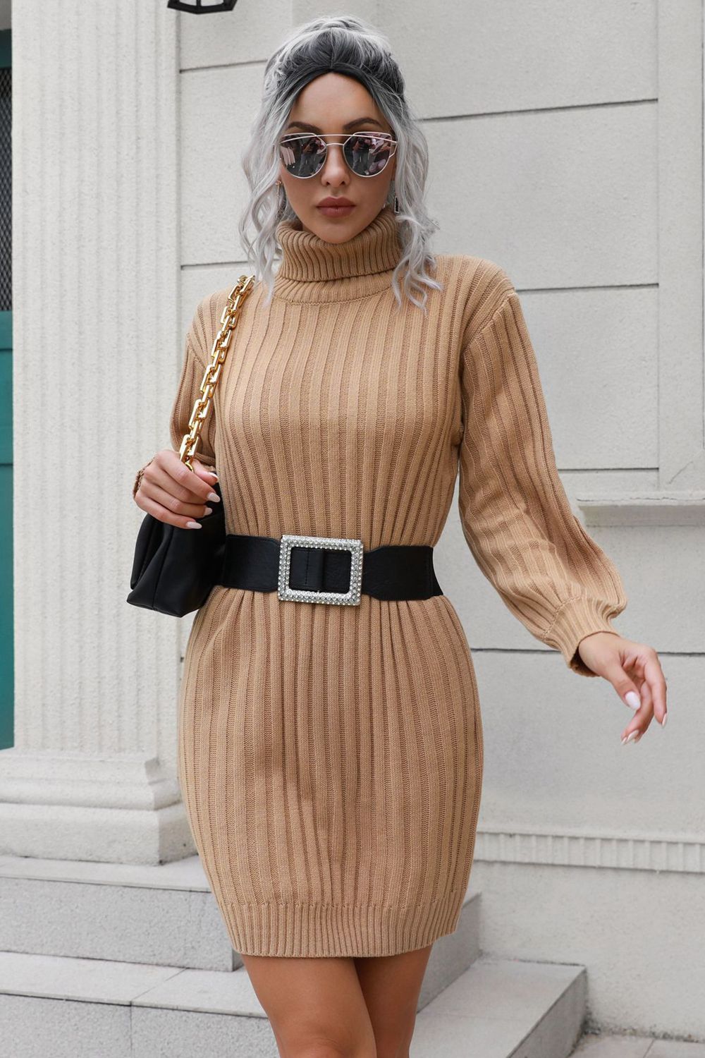 Ribbed Turtle Neck Long Sleeve Mini Sweater Dress-Angel Casuals