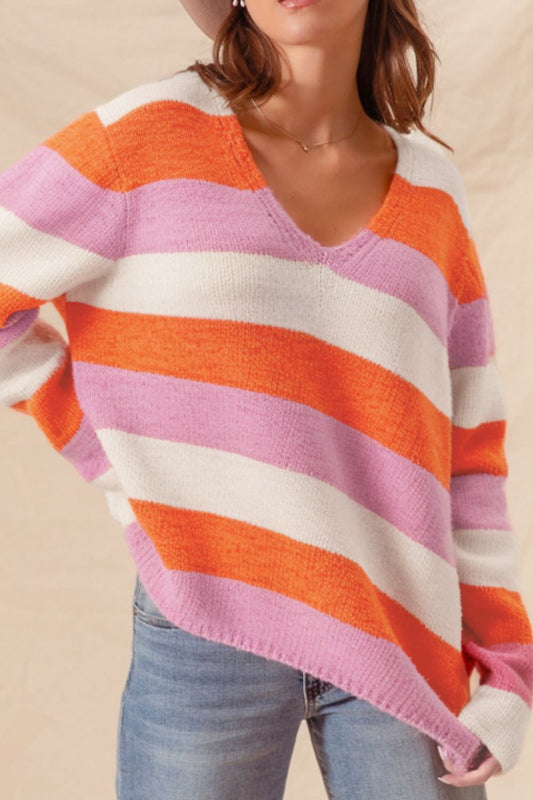 Color Block V-Neck Long Sleeve Sweater-Angel Casuals