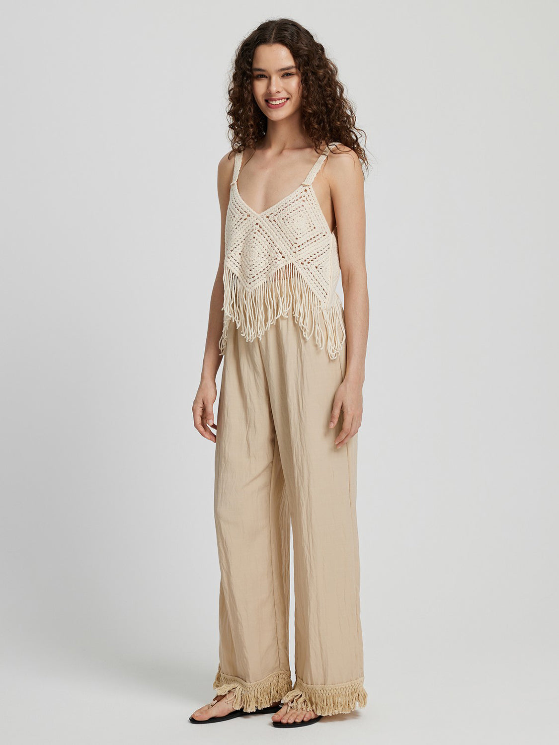 Fringe Hem Wide Leg Long Pants-Angel Casuals