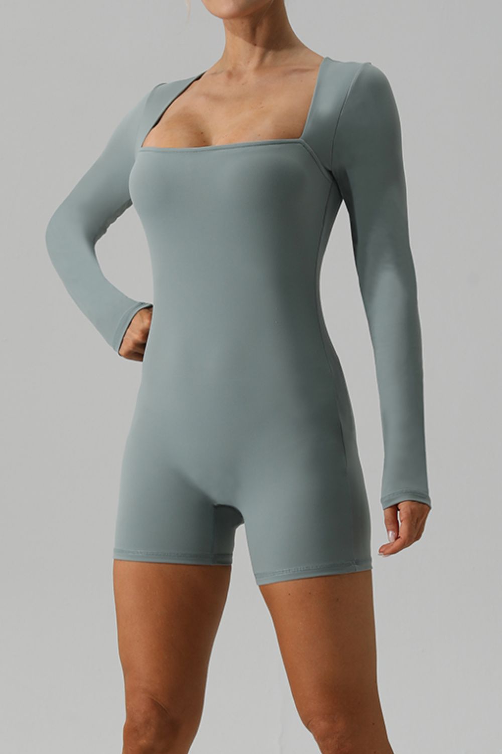 Square Neck Long Sleeve Active Romper-Angel Casuals