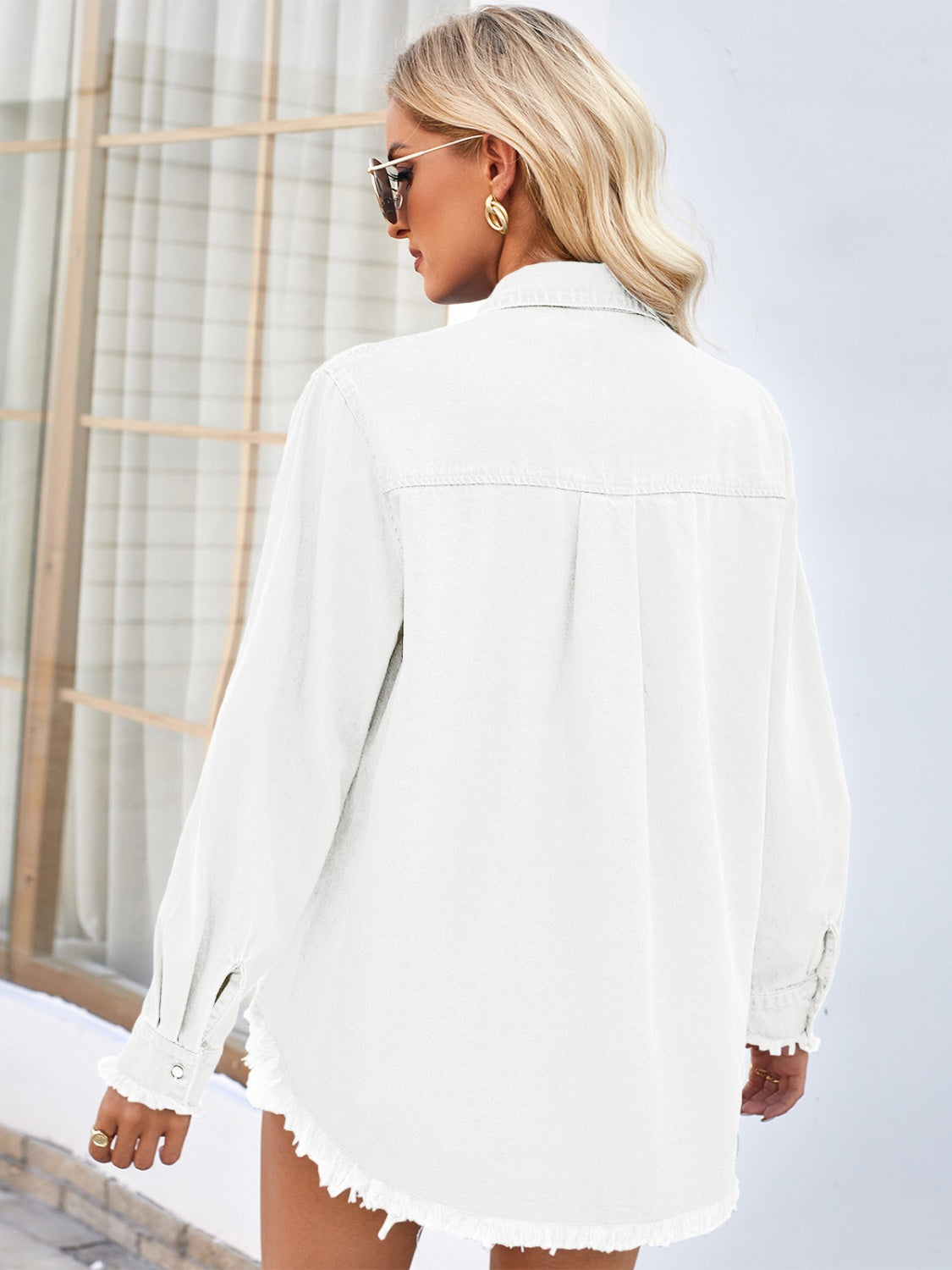 Raw Hem Button Up Long Sleeve Denim Jacket with Sequin Pockets-Angel Casuals
