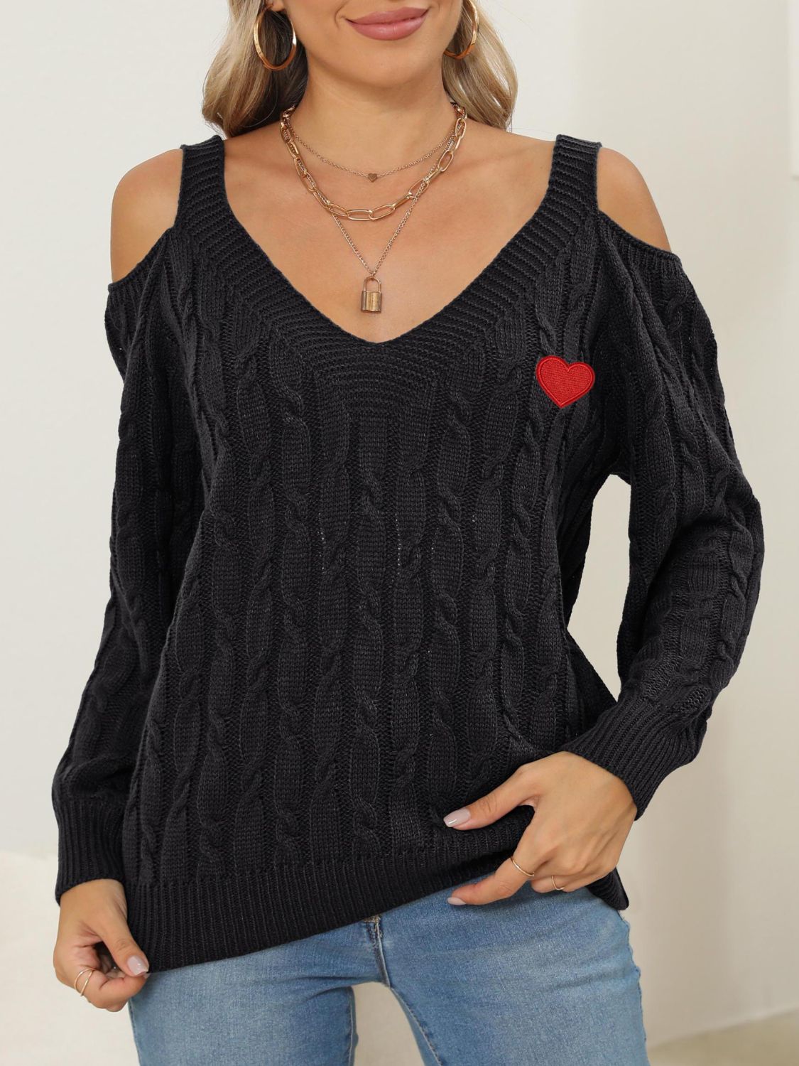 Cable-Knit Heart V-Neck Sweater-Angel Casuals