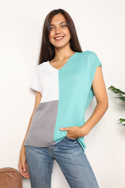 Color Block V-Neck Knit Top-Angel Casuals