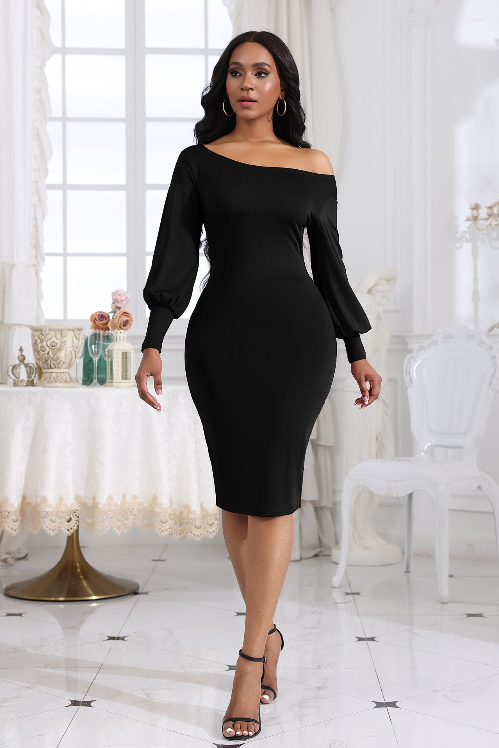 Boat Neck Lantern Sleeve Dress-Angel Casuals