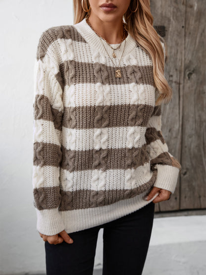 Striped Round Neck Long Sleeve Sweater-Angel Casuals