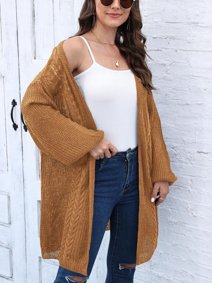 Cable-Knit Open Front Long Sleeve Cardigan-Angel Casuals