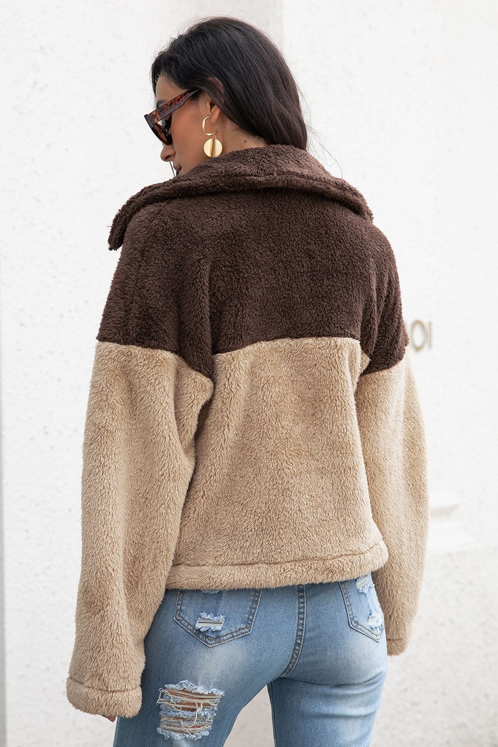 Two-Tone Collared Neck Fuzzy Jacket-Angel Casuals