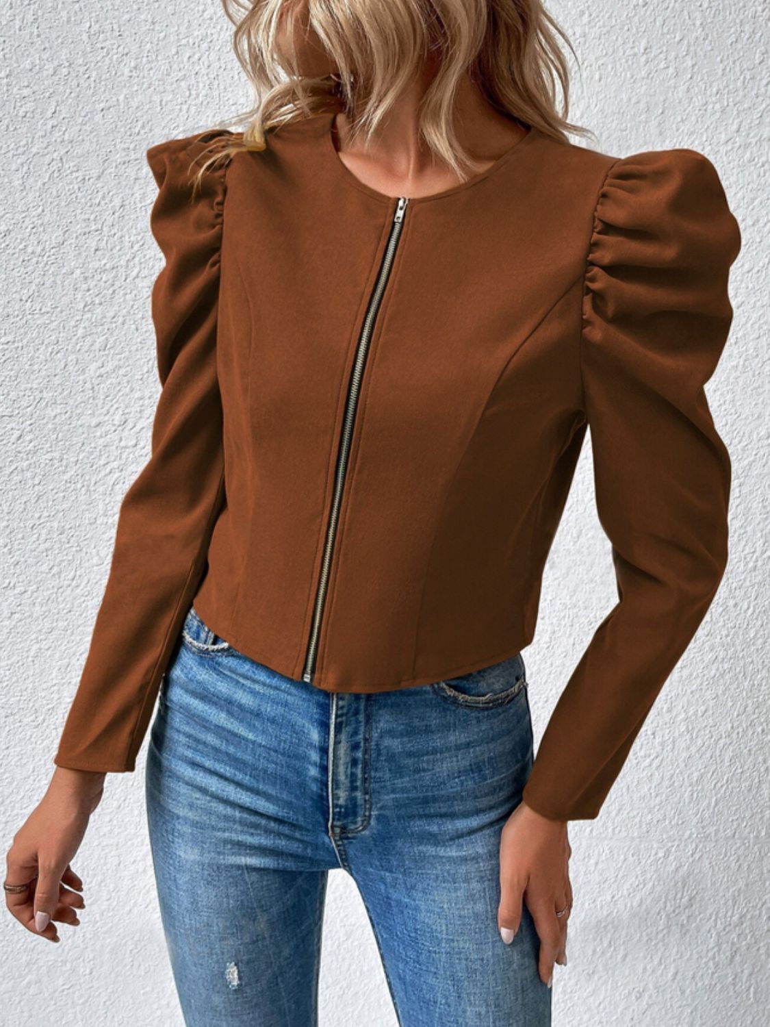 Zip Up Puff Sleeve Jacket-Angel Casuals