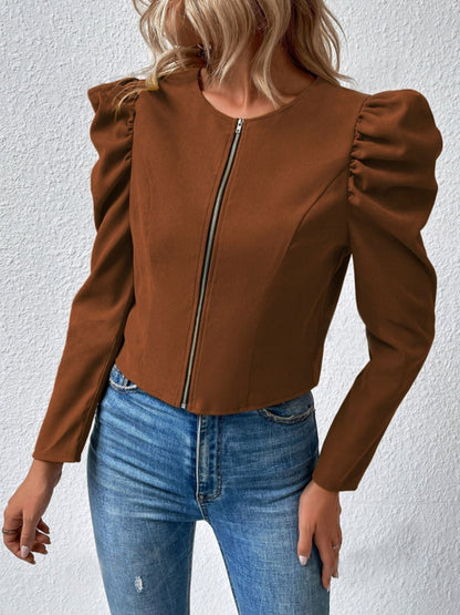 Zip Up Puff Sleeve Jacket-Angel Casuals