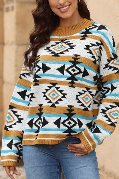 Geometric Round Neck Long Sleeve Sweater-Angel Casuals