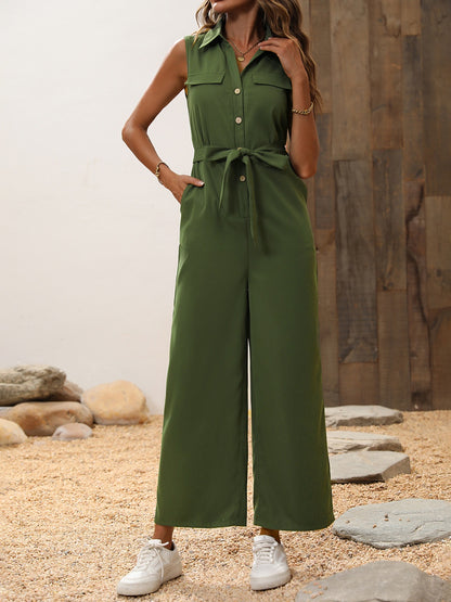 Tie Waist Sleeveless Wide Leg Jumpsuit-Angel Casuals